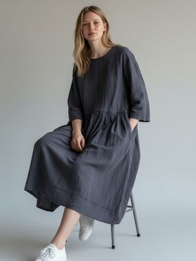 Women’s Midi Dress in Charcoal Gray - Comfortable Everyday Style | Linen